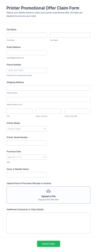Printer Promotional Offer Claim Form Template
