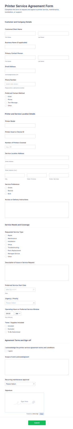 Printer Service Agreement Form Template