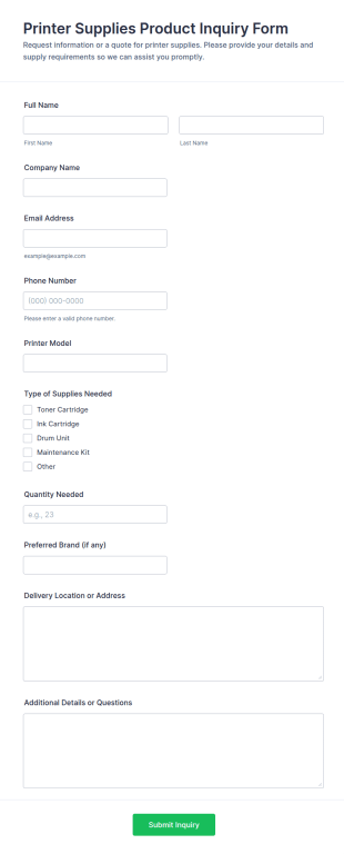Printer Supplies Product Inquiry Form Template