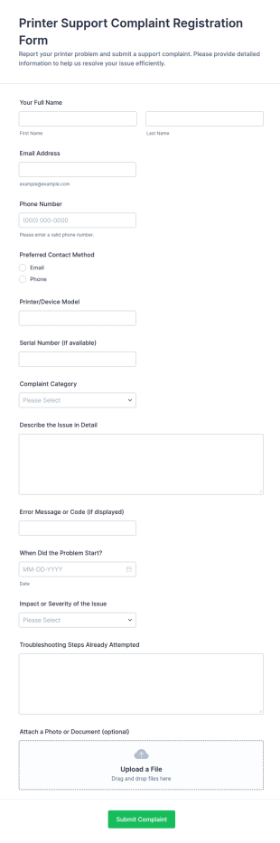 Printer Support Complaint Registration Form Template