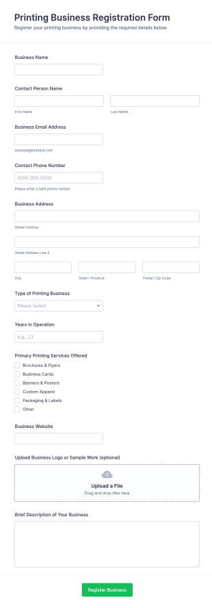 Printing Business Registration Form Template