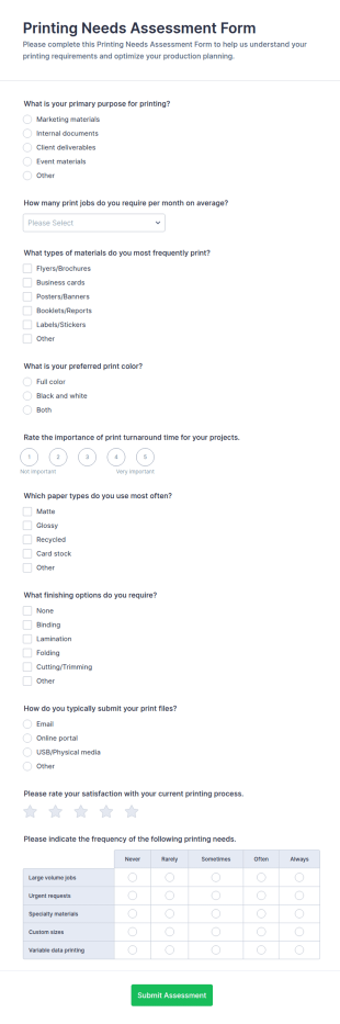 Printing Needs Assessment Questionnaire Form Template