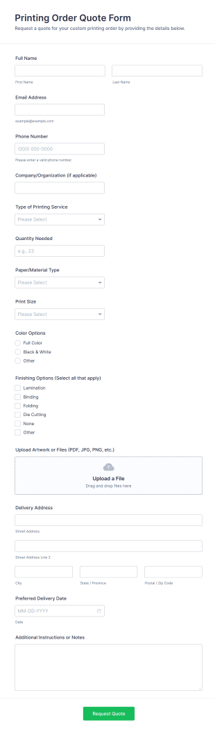 Printing Order Quote Form Template