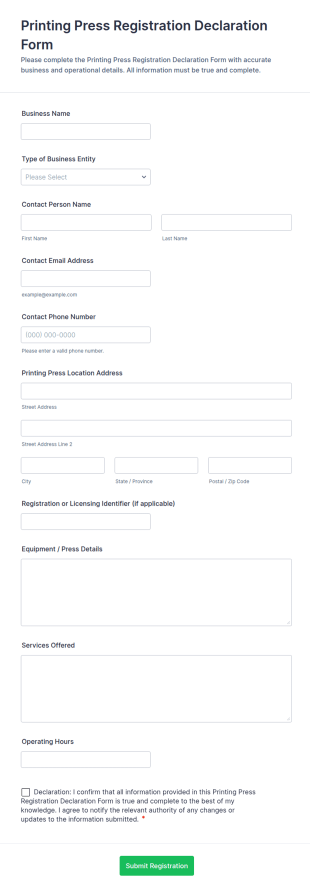 Printing Press Registration Declaration Form Template