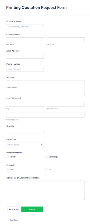 Printing Quotation Request Form Template