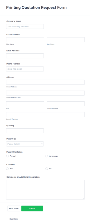 Printing Quotation Request Form Template