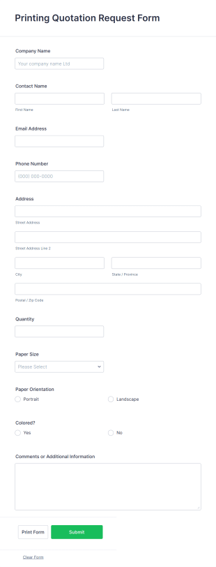 Printing Quotation Request Form Template