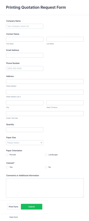 Printing Quotation Request Form Template
