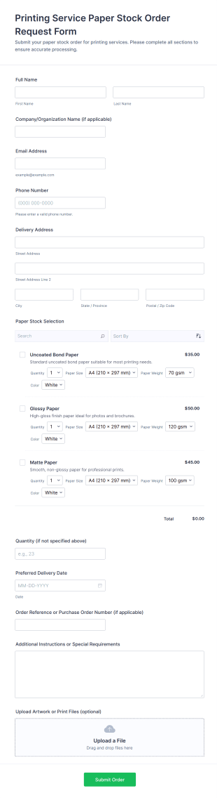 Printing Service Paper Stock Order Request Form Template