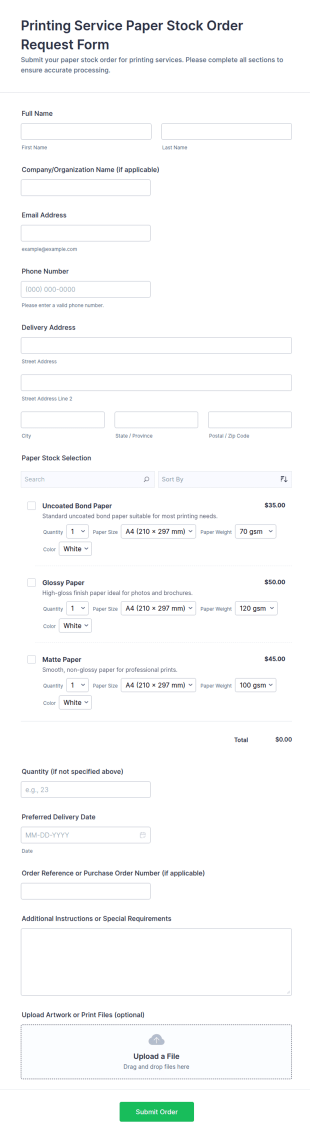 Printing Service Paper Stock Order Request Form Template