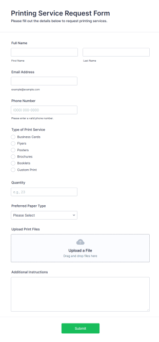 Printing Service Request Form Form Template