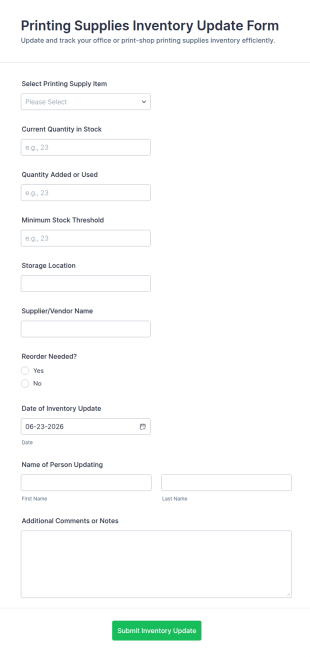 Printing Supplies Inventory Update Form Template