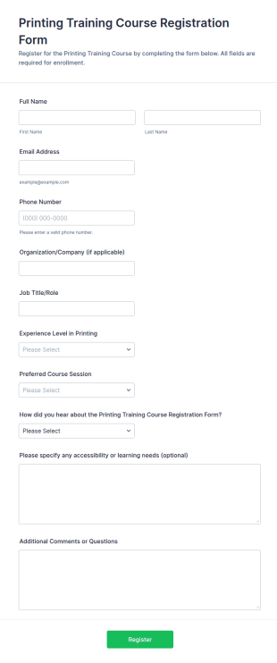 Printing Training Course Registration Form Template