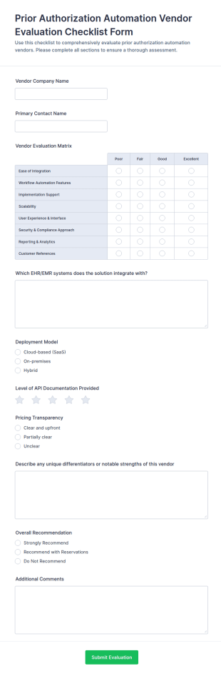 Prior Authorization Automation Vendor Evaluation Form Template