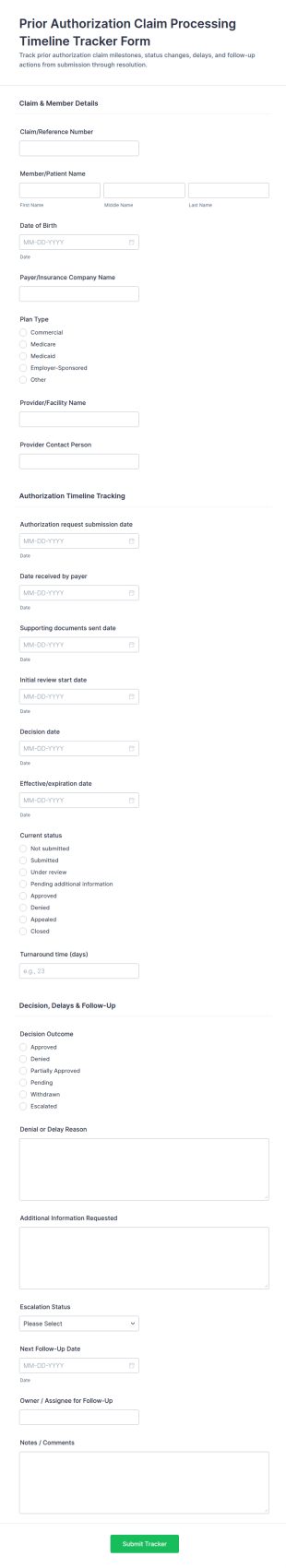 Prior Authorization Claim Processing Timeline Tracker Form Template