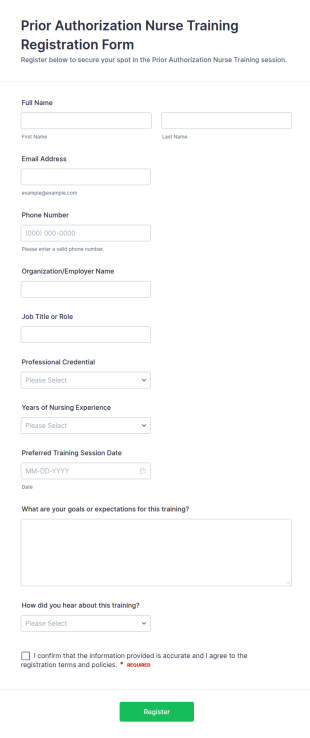 Prior Authorization Nurse Training Registration Form Template