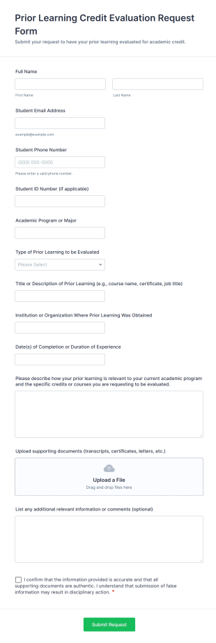 Prior Learning Credit Evaluation Request Form Template