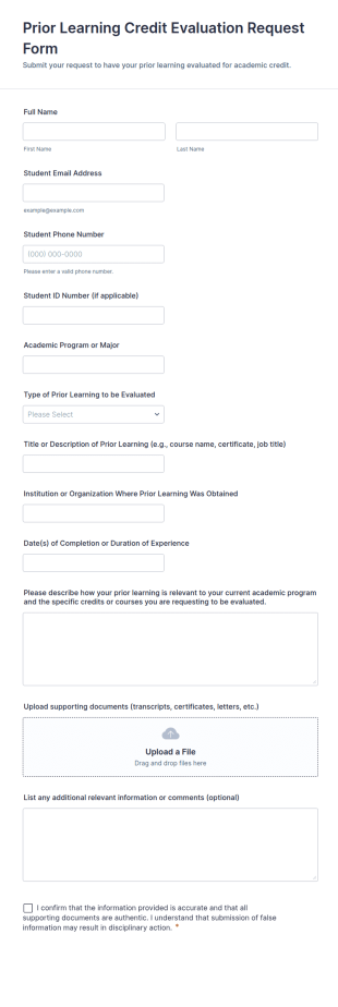 Prior Learning Credit Evaluation Request Form Template