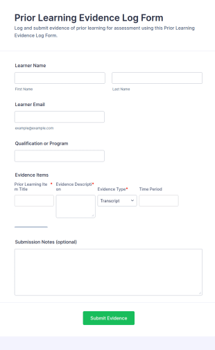 Prior Learning Evidence Log Form Template