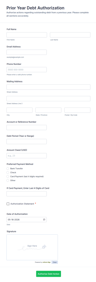 Prior Year Debt Authorization Form Template