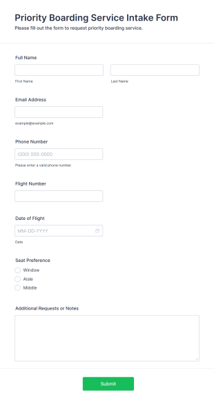 Priority Boarding Service Intake Form Template