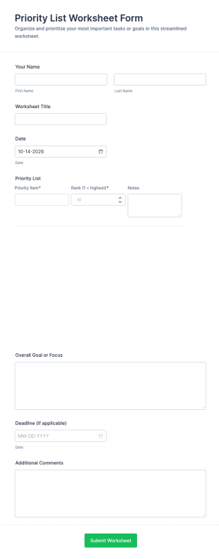 Priority List Worksheet Form Template