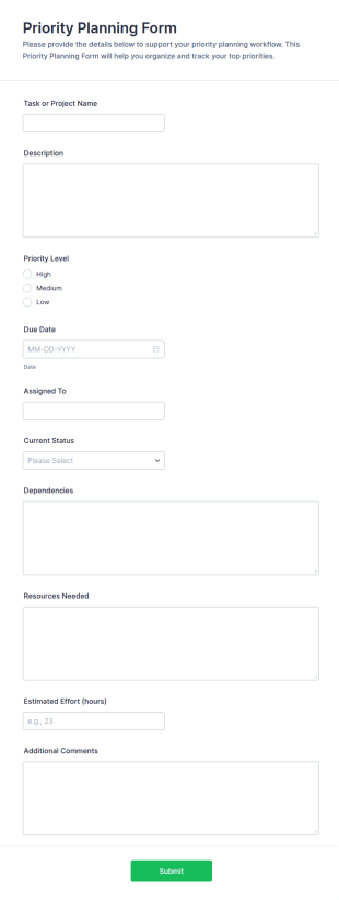 Priority Planning Form Template