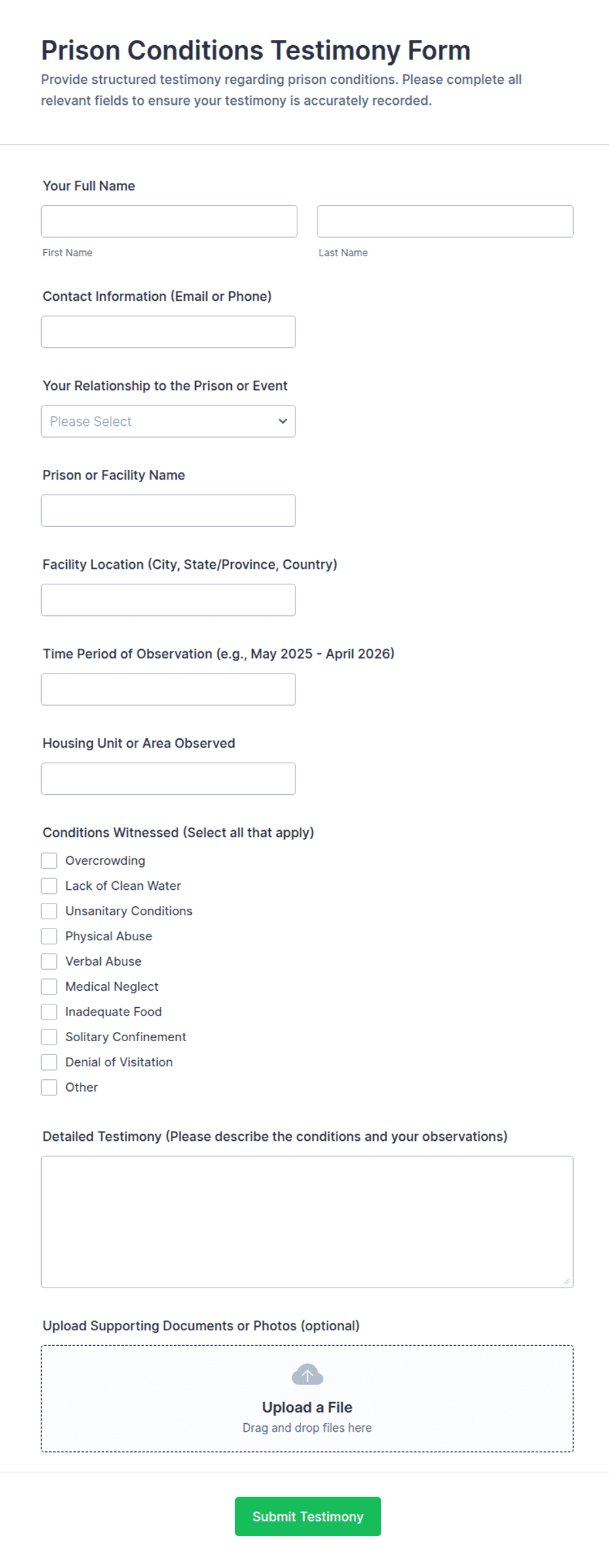 Prison Conditions Testimony Form Template | Jotform