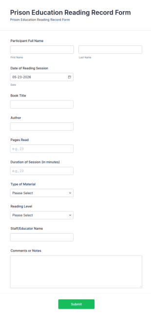 Prison Education Reading Record Form Template