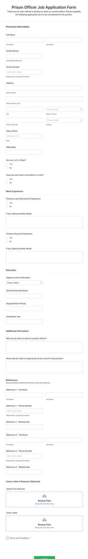 Prison Officer Job Application Form Template