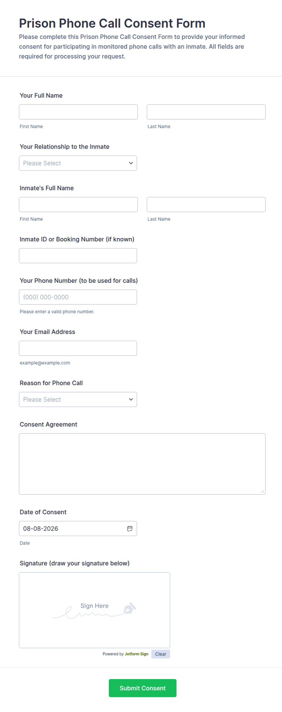 Prison Phone Call Consent Form Template | Jotform