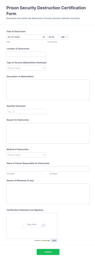 Prison Security Destruction Certification Form Template