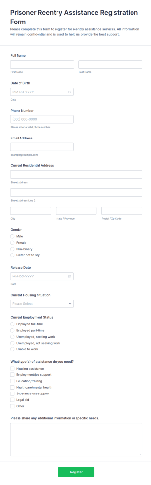Prisoner Reentry Assistance Registration Form Template