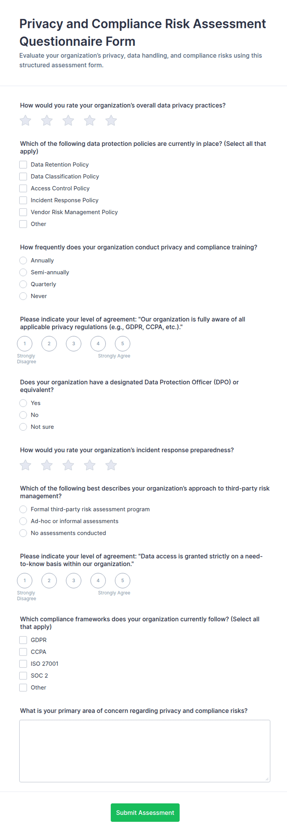 Sample Privacy Risk Assessment Privacy and Compliance Risk Assessment Form Template | Jotform