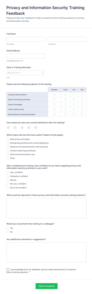 Privacy And Information Security Training Feedback Form Template