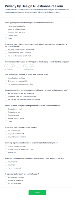 Privacy By Design Questionnaire Form Template