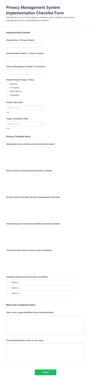 Privacy Management System Implementation Checklist Form Template
