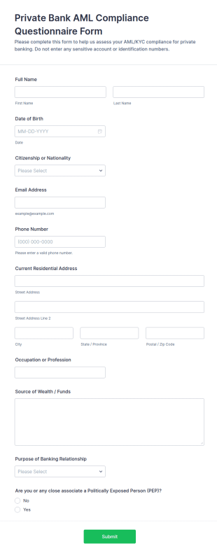 Private Bank AML Compliance Questionnaire Form Template