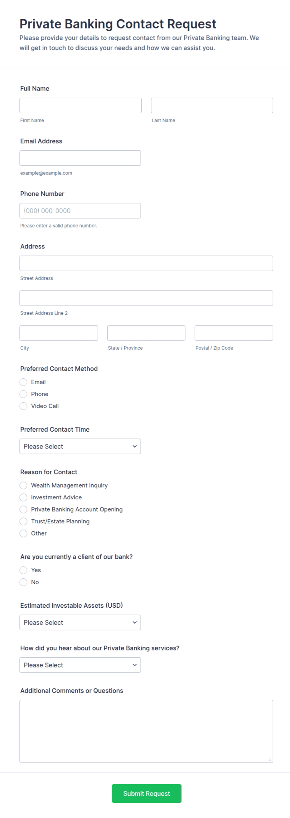 Private Banking Contact Request Form Template | Jotform