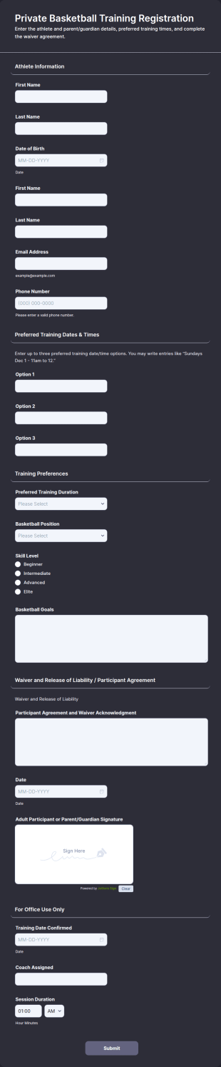Private Basketball Training Registration Form Template