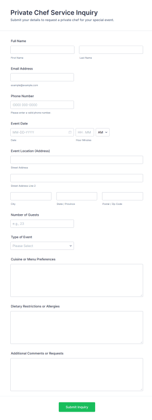 Private Chef Service Inquiry Form Template