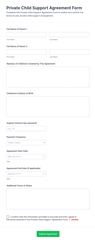 Private Child Support Agreement Form Template