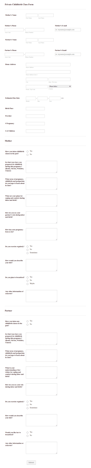 Private Childbirth Class Registration Form Template