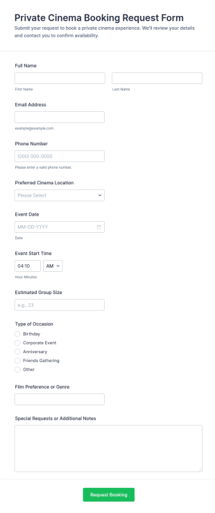 Private Cinema Booking Request Form Template