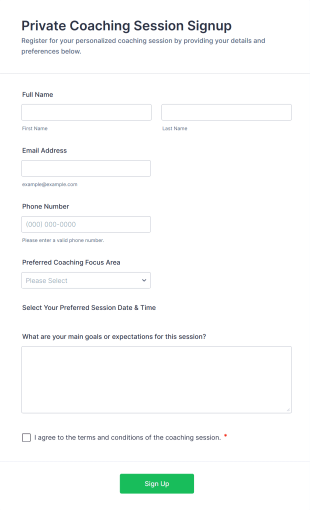 Private Coaching Session Signup Form Template