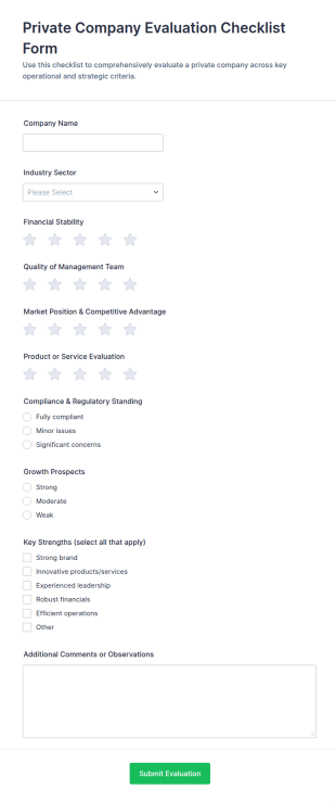 Private Company Evaluation Checklist Form Template