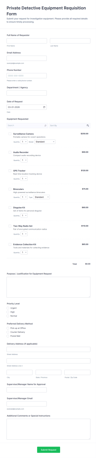 Private Detective Equipment Requisition Form Template