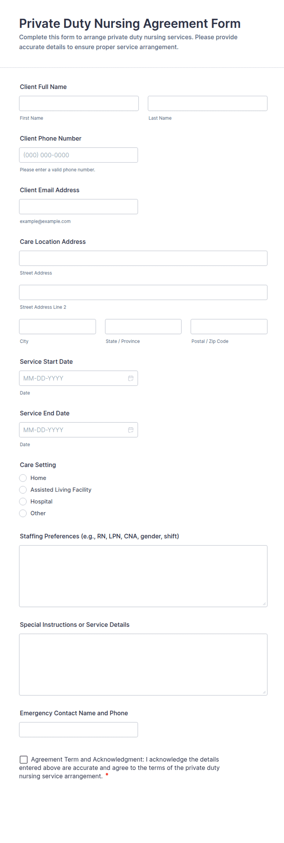 Private Duty Nursing Agreement Form Template | Jotform