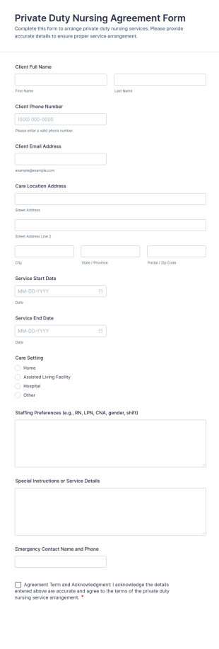 Private Duty Nursing Agreement Form Template