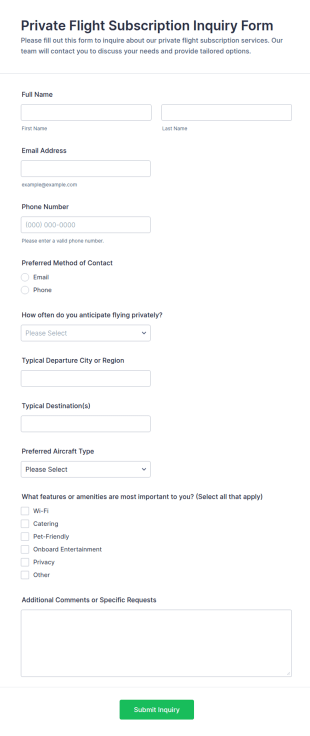 Private Flight Subscription Inquiry Form Template
